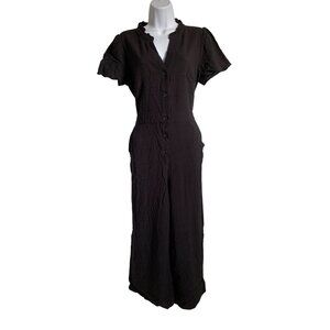 Nine West Womens Black Short-Sleeve Button-Down Jumpsuit With Waist Tie Medium